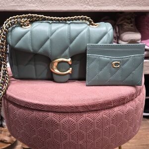 Coach Quilted Leather Tabby 20 and Card Case in Sage Green with Gold Hardware